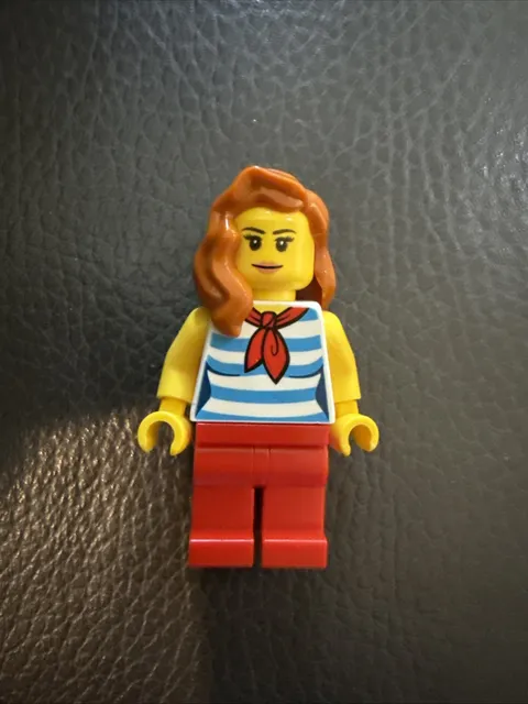 LEGO Minifigure Female Red Legs Blue White Striped Torso Red Scarf Brown Hair