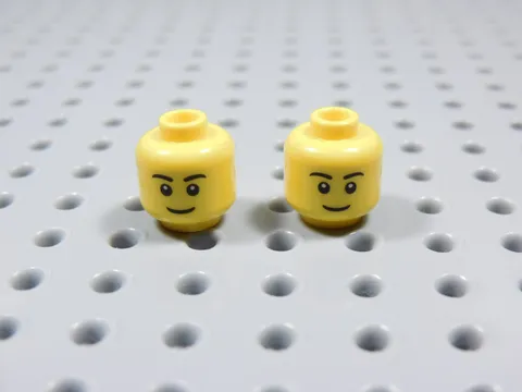 LEGO Lot of 2 Yellow Printed Heads Minifig Black Eyebrows Smile BT