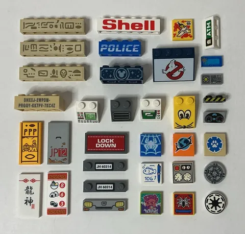 Authentic LEGO Sticker & Printed Tiles Lot: Computer, License Plate, Disney, etc