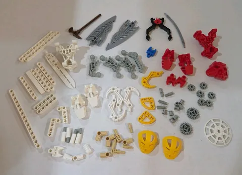 Lot 70+ LEGO Bionicles Technic Pieces Yellow, Red, White, Gray, Tan, Brown