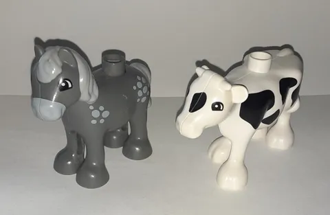 2 Lego Duplo Building Blocks Gray Horse Black and White Cow Farm Barn Animal Lot