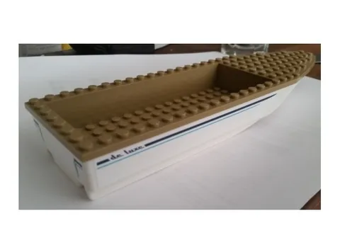 LEGO - Boat, Hull Unitary - White w/ Dark Tan Top & 'de luxe' & Stripes Stickers