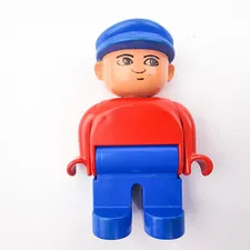 Lego Duplo Man Boy Minifig Train Engineer Blue Hat & legs with Red Shirt