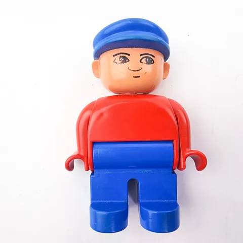 Lego Duplo Man Boy Minifig Train Engineer Blue Hat & legs with Red Shirt