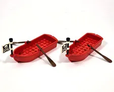 LEGO PIRATES RED ROWBOTS LOT OF 2 W/ BROWN OARS & SKULL FLAGS 2551 87585 OARLOCK
