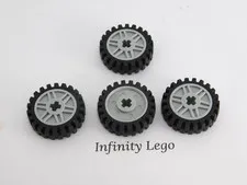 4 LEGO Black Tire / Tyre Narrow Wheel 24x7.0 Light Grey Rim with Axle Hole 56903