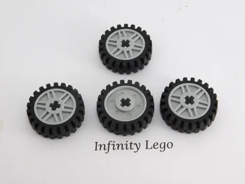 4 LEGO Black Tire / Tyre Narrow Wheel 24x7.0 Light Grey Rim with Axle Hole 56903