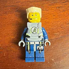 LEGO Minifigure Blue Outfit Gray Armor Torso "A" Logo w/ Headset Tan Hair