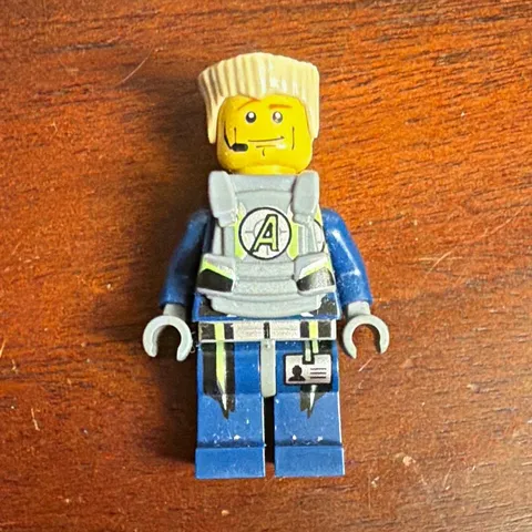 LEGO Minifigure Blue Outfit Gray Armor Torso "A" Logo w/ Headset Tan Hair