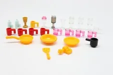Lego Kitchen Lot Pots, Pans, 4 Pink Red Cups, Hand Mixer, Clear Glasses, Bottles