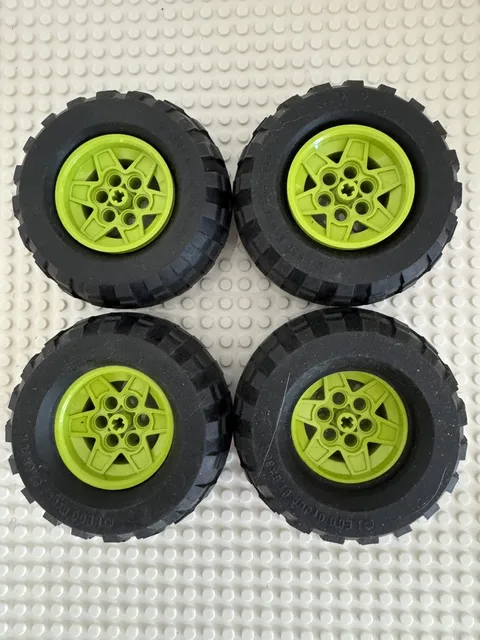 (4) LEGO Wheel Tire Lot-81.6 x 38R Balloon Wheels-LIME GREEN RIMS-Technic