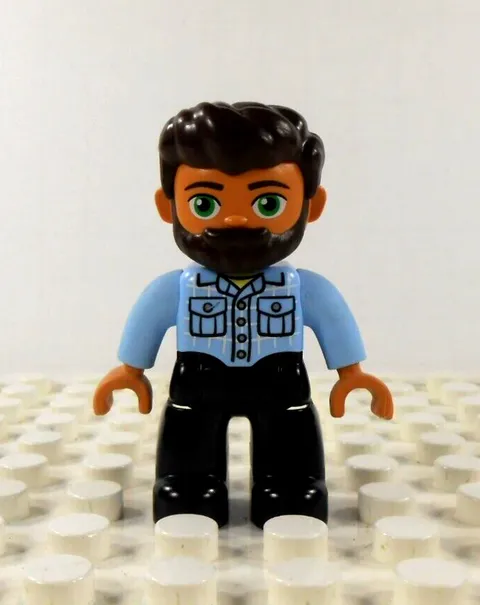Lego Duplo Figure Man dk brown hair beard lt blue shirt black pants
