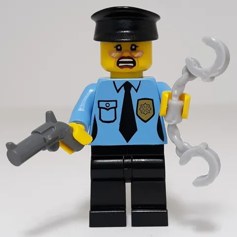 Lego Grandma Police Officer Minifigure W Hat Holding Revolver Gun And Handcuffs