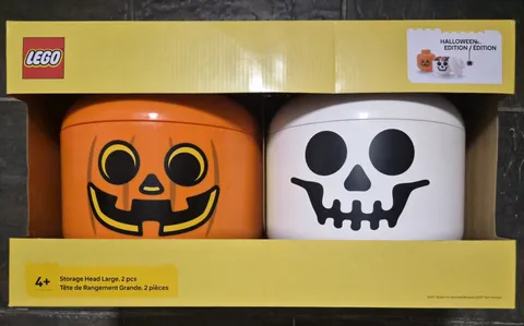LEGO STORAGE HEADS HALLOWEEN EDITION 2 PACK LARGE JACK O LANTERN AND SKELETON 