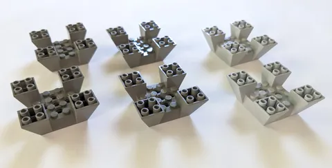 Lot of 6 LEGO Slope, Inverted 65º 6x6x2 Quad with Cutouts (30373) - Vintage Gray