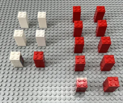 Lego Lot of 16 Red and White Brick 2 x 2 x 3 Blocks for Building (30145)
