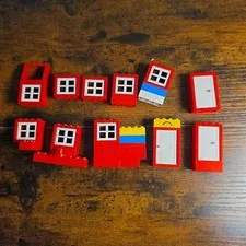 Vintage LEGO Red Doors & Windows Lot 4132 4130 2352 Frames Panes House Pieces