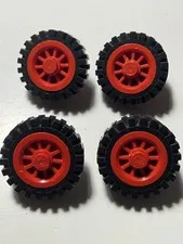 LEGO 4 Red Wheel Spoked 2 x 2 with Stud bb0019 Metal Axle With Medium Tread Tire