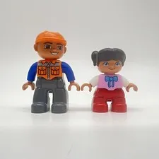 Lego Duplo Figure Kid Pigtails Girl Black Hair Blue Bow & Airport Man Toy