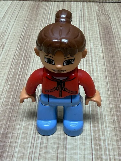 Lego Duplo Figure Woman brown hair red parka lt blue pants