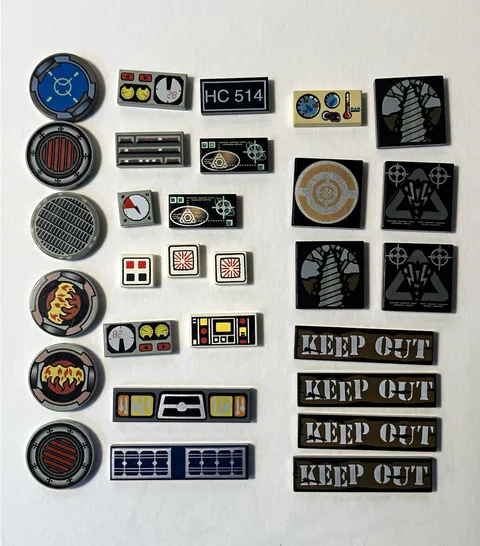 LEGO Multicolor Plastic Printed Sticker Tile Lot: “KEEP OUT”, Control Panels