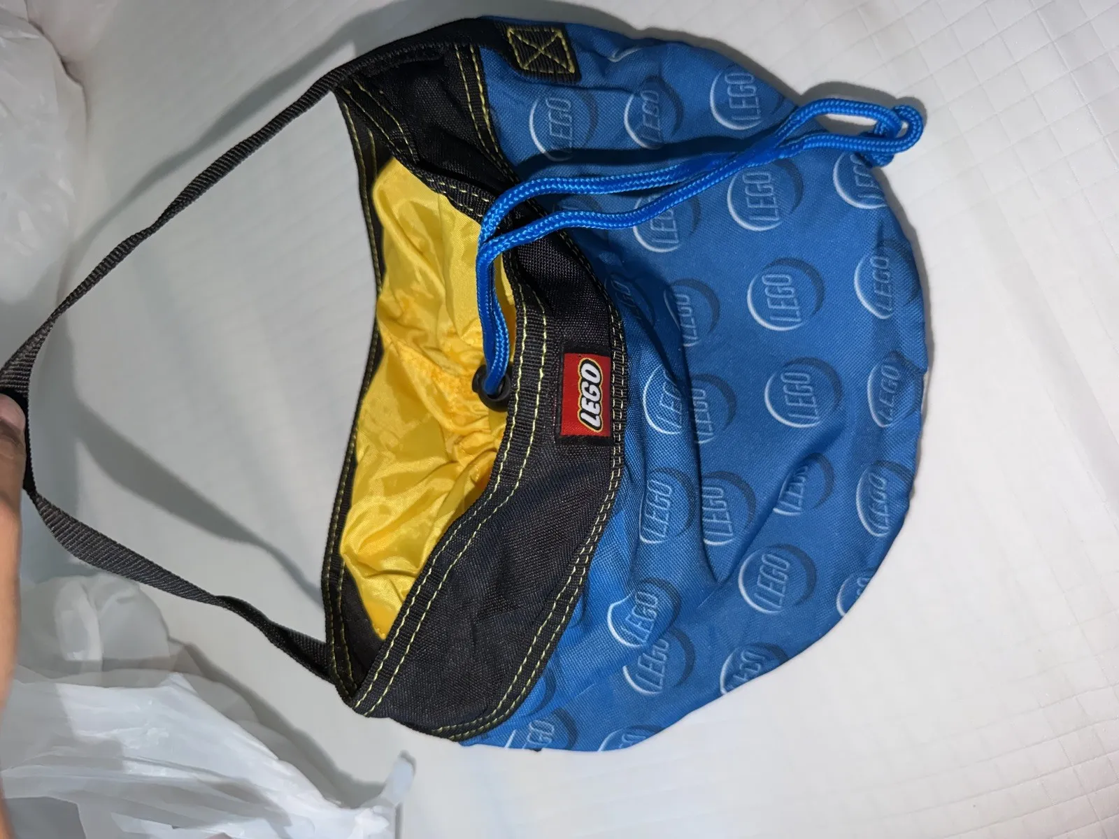 LEGO Storage Soft Bucket Bag Tote Cinch Drawstring Blue /Yellow -Lego Pattern