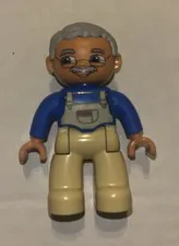 Lego Duplo Figure Grandpa glasses blue shirt beige overalls