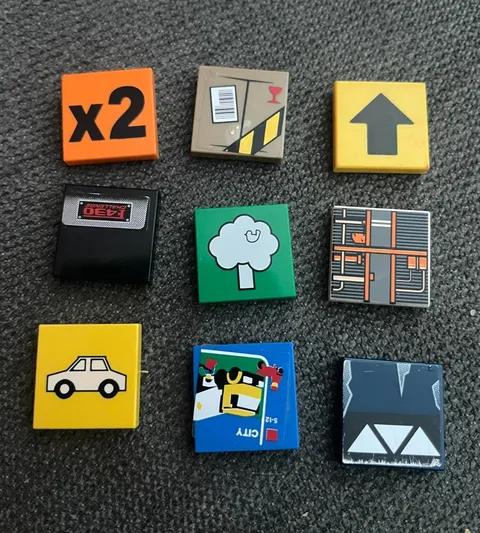 LEGO 2x2 MULTICOLOR FLAT TILES w DECALS STICKERS (9 pieces) #3068 BLUE GREEN