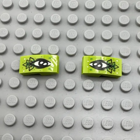 LEGO Printed - Lime - Slope Curved 2 x 1 x 2/3 with Black Eye and Leaves -QTY x2