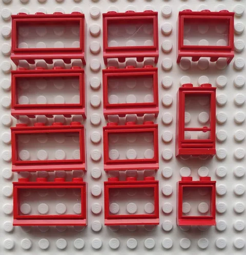 Lego Red Vintage windows with lip x11 - 1x4 1x3 1x2