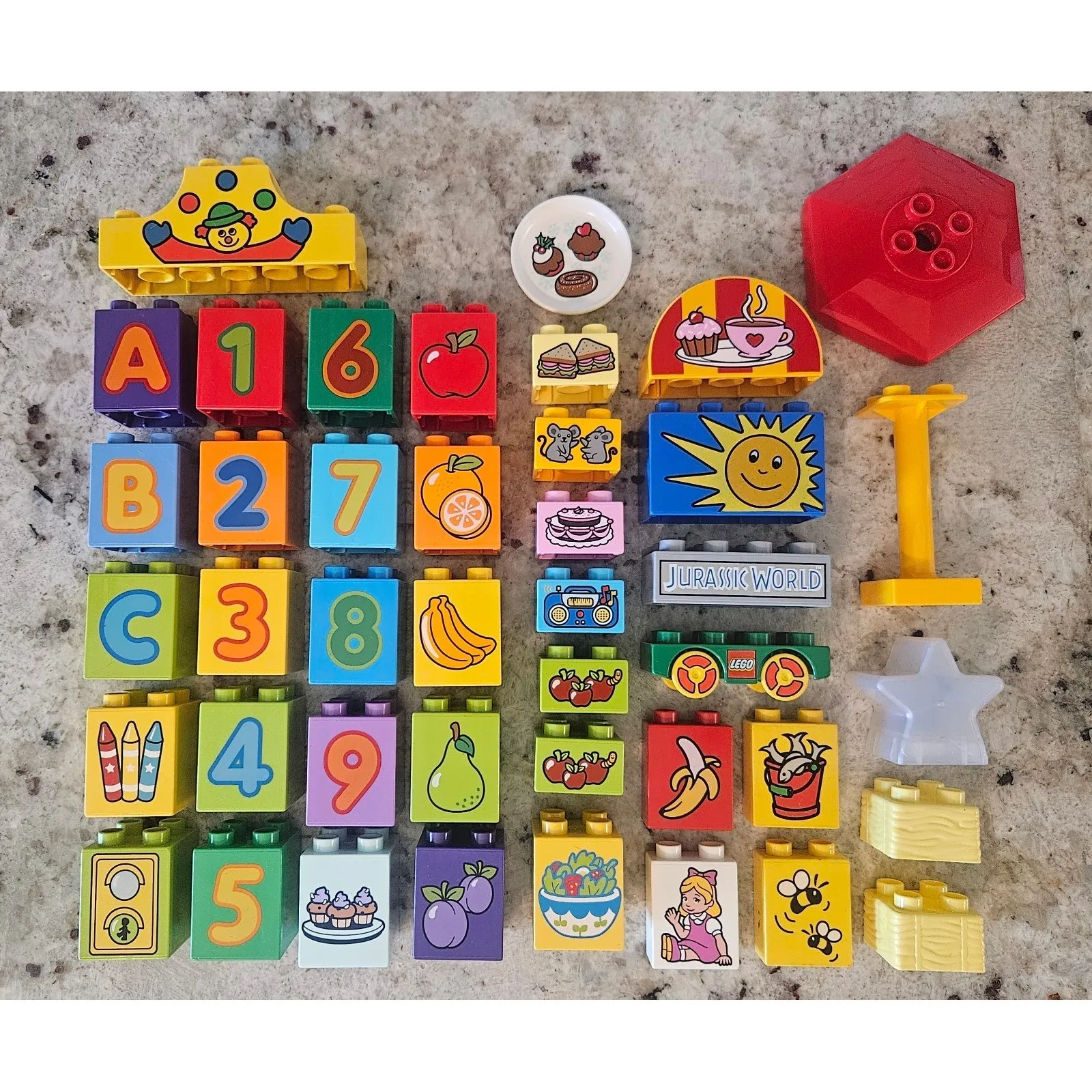 Lego Duplo Printed Blocks ABC's, Numbers, Food, Clown over 40 Pieces