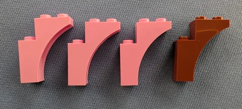 4 LEGO part, 3x3 1/2 ARCH pointed, part #13965, pink & brown