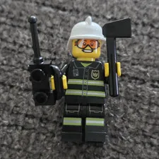 LEGO Firefighter Minifigure White Helmet Black Outfit Axe & Radio Accessory