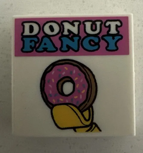 LEGO White Tile Flat Smooth 2 x 2 w/ 'DONUT FANCY' Doughnut The Simpsons
