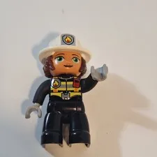 Lego Duplo Figure Woman Fireman white hat (fire on hat) black uniform