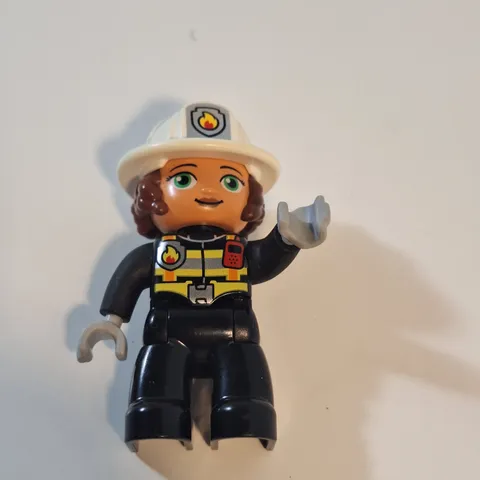 Lego Duplo Figure Woman Fireman white hat (fire on hat) black uniform