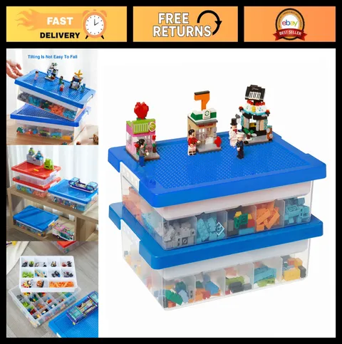 Toys Storage Organizer Box for Lego, Stackable Toy Box with Building Plate Lid,