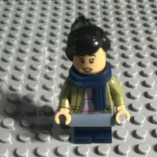 LEGO Minifigure Black Hair Blue Scarf Tan Jacket Blue Legs Plastic
