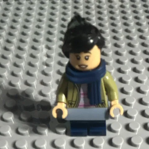 LEGO Minifigure Black Hair Blue Scarf Tan Jacket Blue Legs Plastic