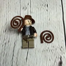 LEGO Indiana Jones Minifigure with Whips, Jacket, Tan Pants, Gray Shirt