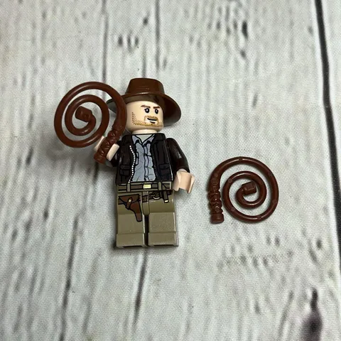 LEGO Indiana Jones Minifigure with Whips, Jacket, Tan Pants, Gray Shirt