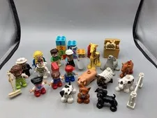 duplo lot 18 people & animal figures + specialty blocks, accessories, 28 pc.