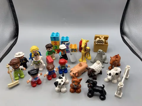 duplo lot 18 people & animal figures + specialty blocks, accessories, 28 pc.