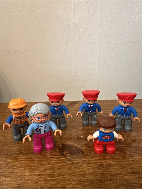 Lot of 6 LEGO duplo figures construction worker, Grandma, Boy W/ Red Car, Train
