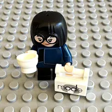 LEGO Minifigure - Black Hair Glasses Dark Blue Outfit w/ Cup & Stroller
