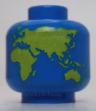 Lego Blue Minifigure Head without Face with Lime Globe World Map Pattern