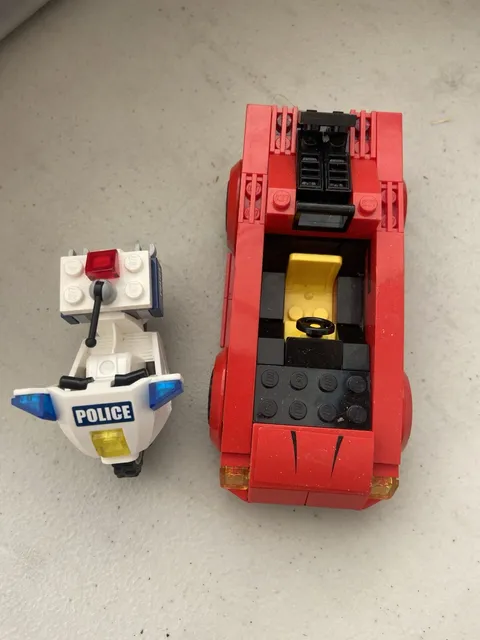 LEGO Police Vehicle Lot Red Convertible Car/White Motorcycle Printed Black Blue