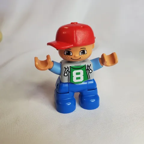 Lego Duplo Figure Child Boy '8' on Green Shirt Red Hat Ball Cap