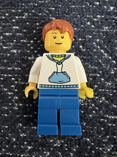 LEGO twn099 Male Minifigure White Hoodie Blue Legs Dark Orange Hair