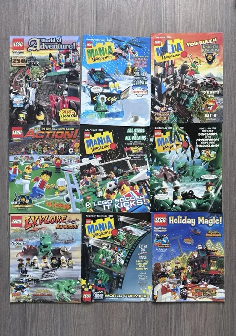 Vintage LEGO Mania Magazine Lot Complete 2000 + LEGO Action World Adventure Holi